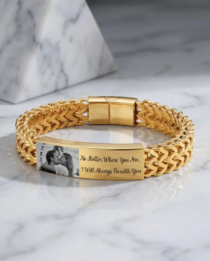 Men's Personalised Photo Link Bracelet - Engraved ID Bar IfShe UK