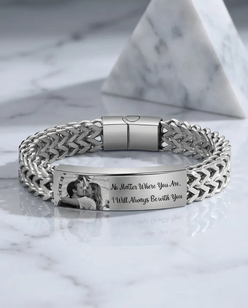 Men's Personalised Photo Link Bracelet - Engraved ID Bar IfShe UK