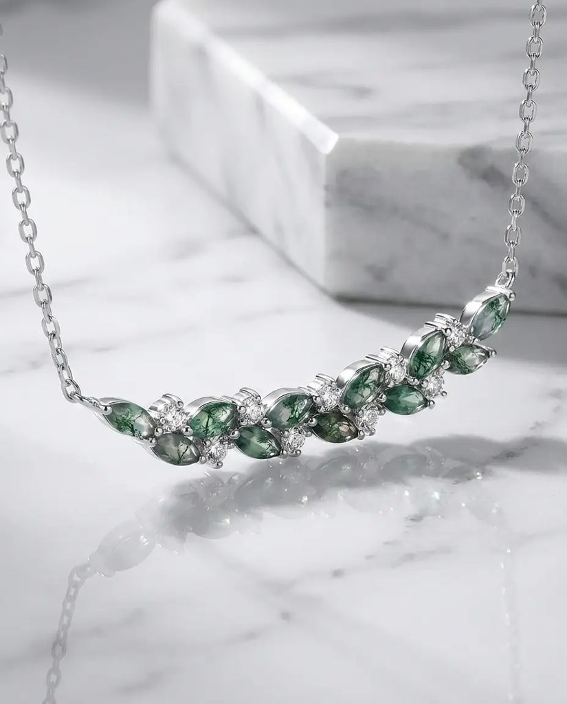 Moss Agate Leaf Bar Necklace - Sterling Silver Marquise Gemstone Pendant IfShe UK