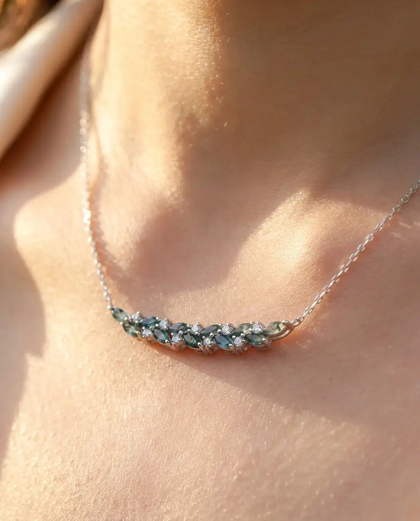 Moss Agate Leaf Bar Necklace - Sterling Silver Marquise Gemstone Pendant IfShe UK