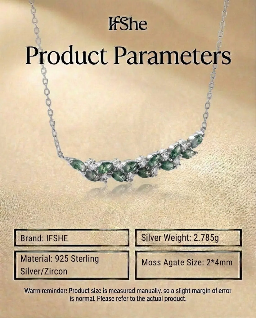 Moss Agate Leaf Bar Necklace - Sterling Silver Marquise Gemstone Pendant IfShe UK