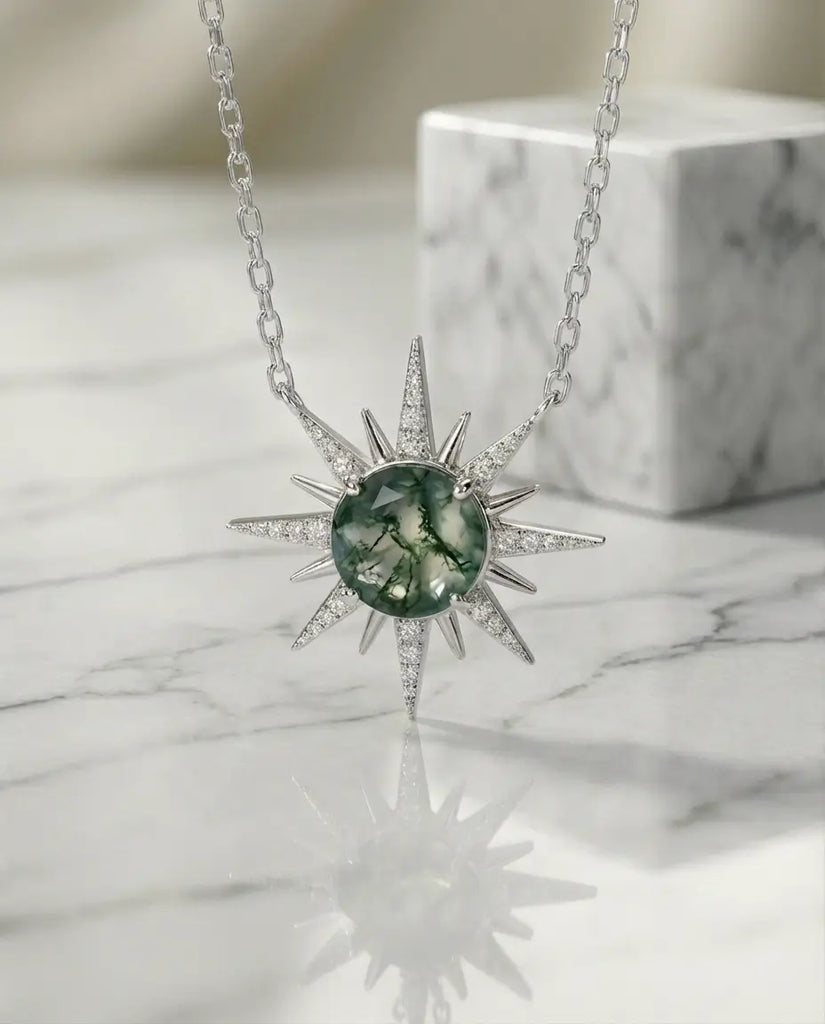 Moss Agate North Star Necklace - Sterling Silver Celestial Pendant IfShe UK