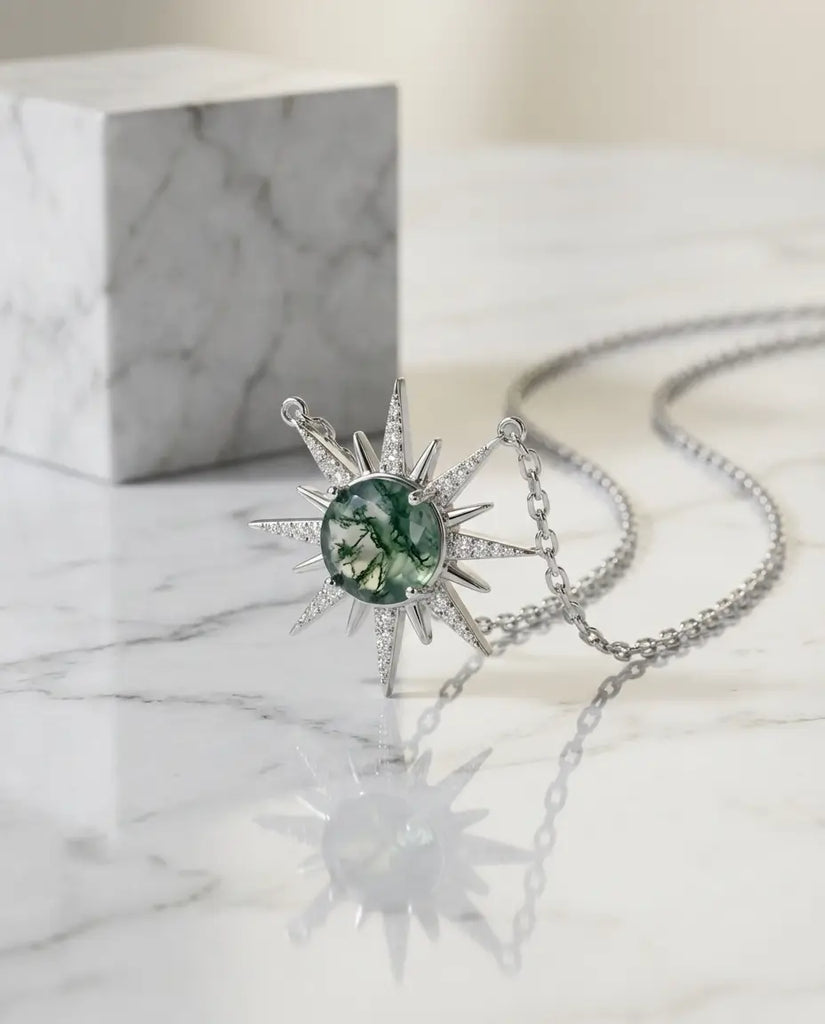 Moss Agate North Star Necklace - Sterling Silver Celestial Pendant IfShe UK