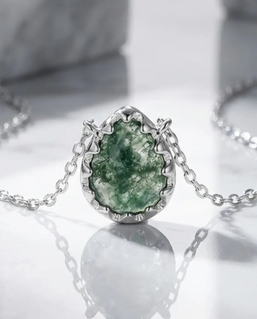 Natural Moss Agate Teardrop Necklace - Sterling Silver Pendant IfShe UK