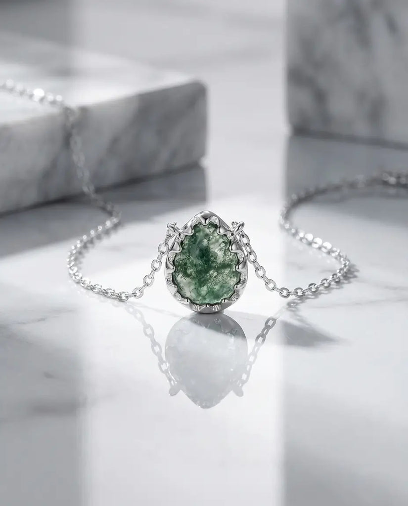 Natural Moss Agate Teardrop Necklace - Sterling Silver Pendant IfShe UK