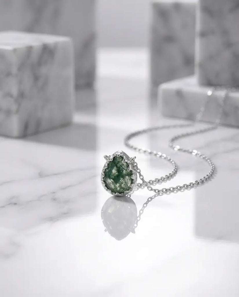 Natural Moss Agate Teardrop Necklace - Sterling Silver Pendant IfShe UK