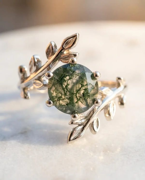 Nature-Inspired Leaf Moss Agate Ring - Sterling Silver Branch Solitaire IfShe UK