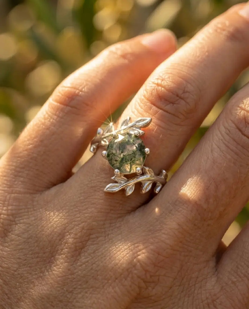 Nature-Inspired Leaf Moss Agate Ring - Sterling Silver Branch Solitaire IfShe UK