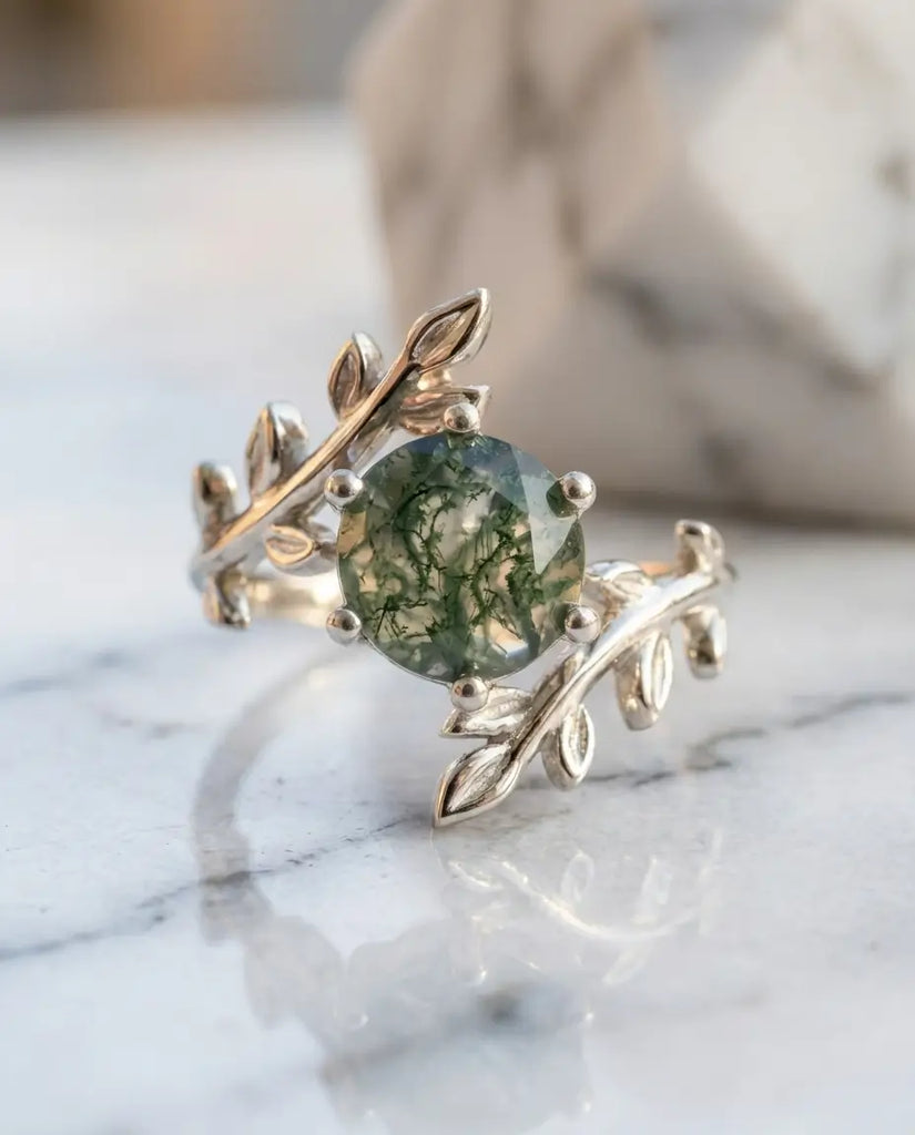 Nature-Inspired Leaf Moss Agate Ring - Sterling Silver Branch Solitaire IfShe UK