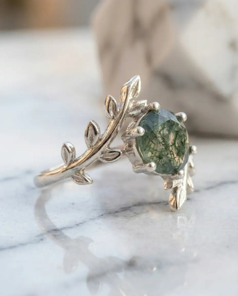 Nature-Inspired Leaf Moss Agate Ring - Sterling Silver Branch Solitaire IfShe UK