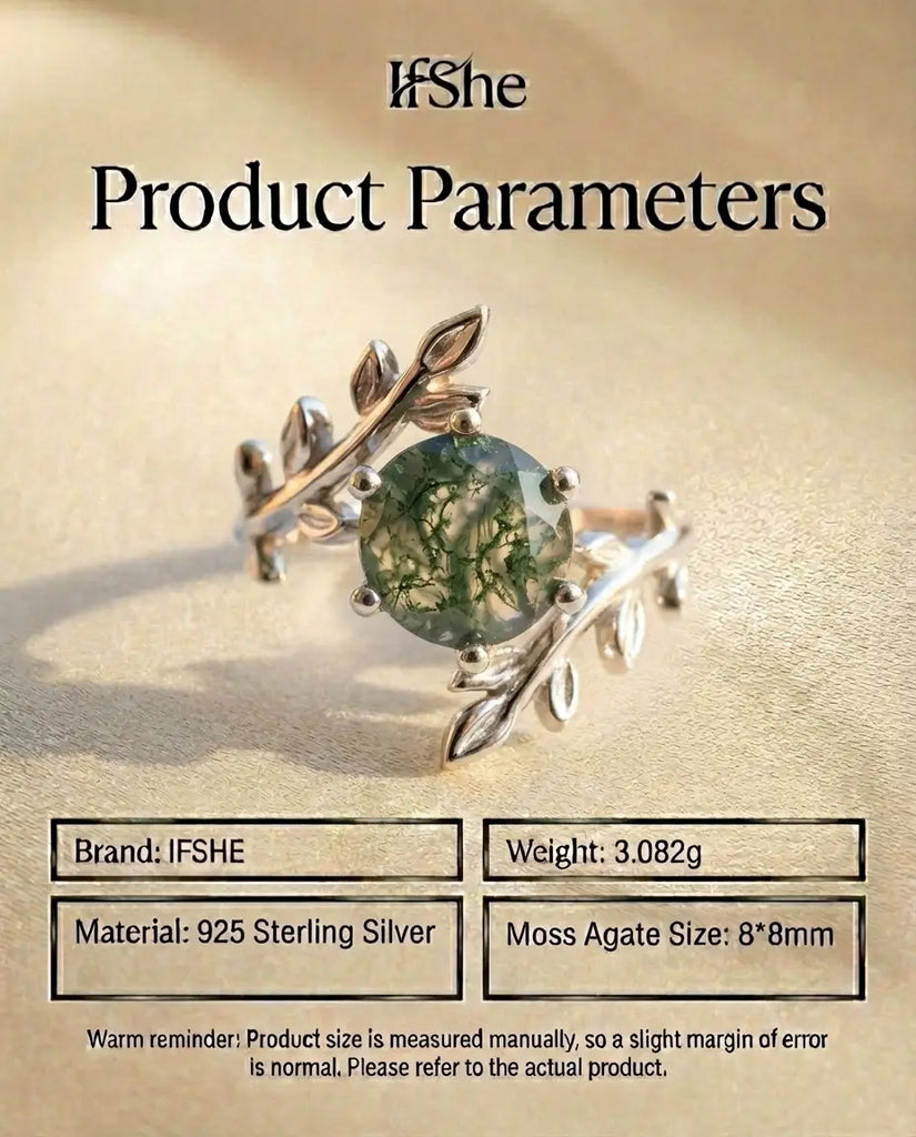 Nature-Inspired Leaf Moss Agate Ring - Sterling Silver Branch Solitaire IfShe UK