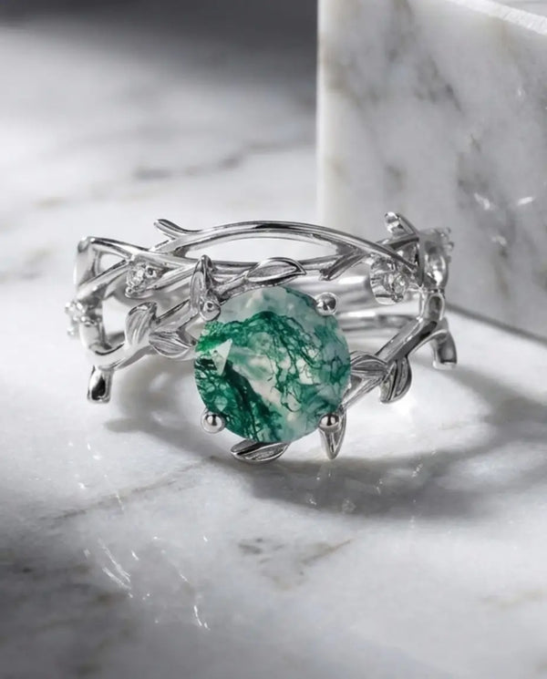 Nature-Inspired Moss Agate Ring Set - Adjustable Twig Design in Sterling Silver IfShe UK