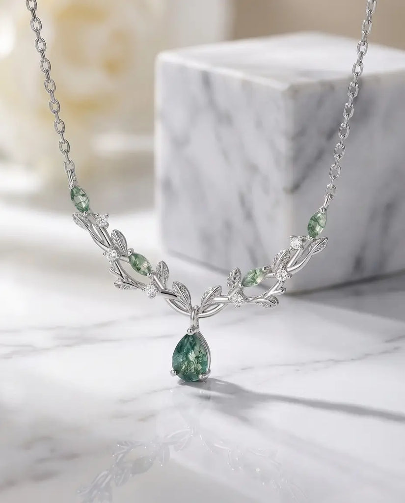 Nature-Inspired Pear Cut Moss Agate Necklace - Silver Vine & Leaf Pendant IfShe UK