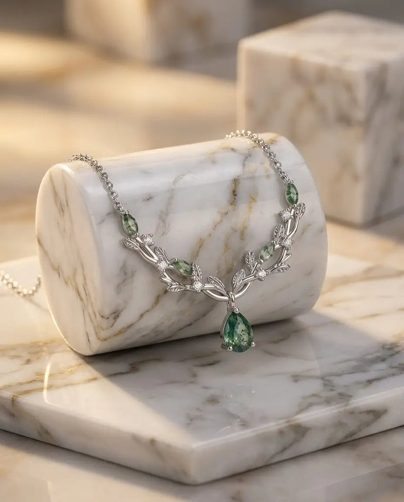 Nature-Inspired Pear Cut Moss Agate Necklace - Silver Vine & Leaf Pendant IfShe UK