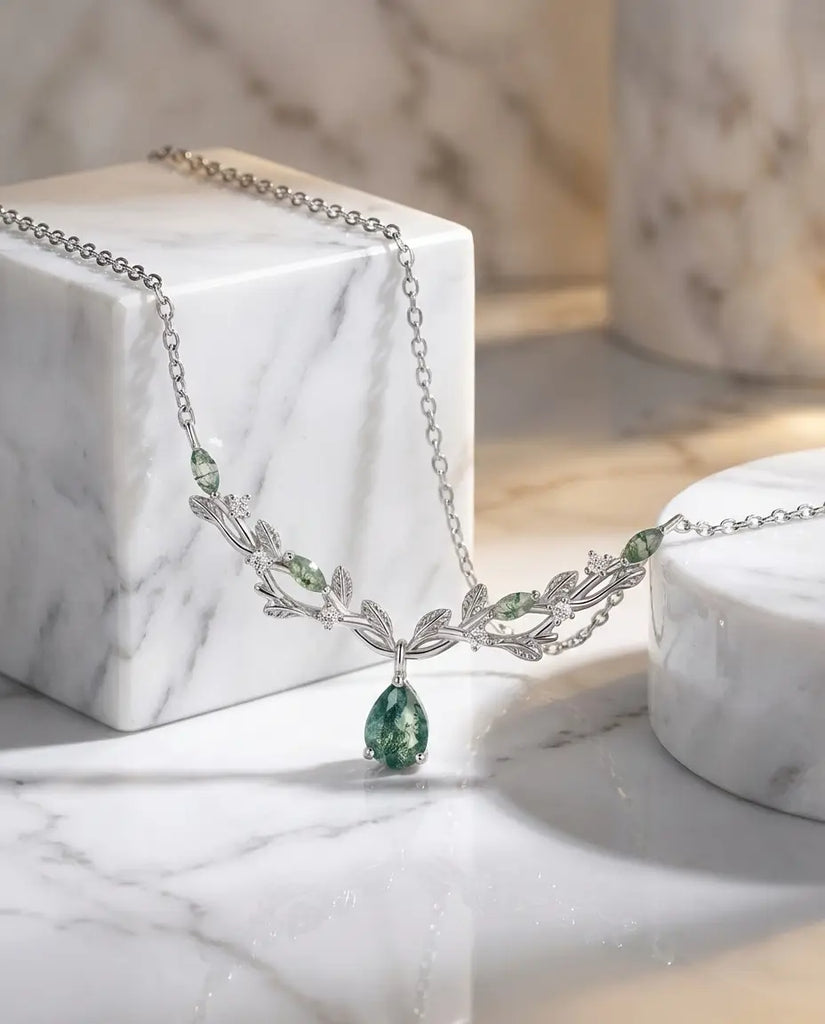 Nature-Inspired Pear Cut Moss Agate Necklace - Silver Vine & Leaf Pendant IfShe UK