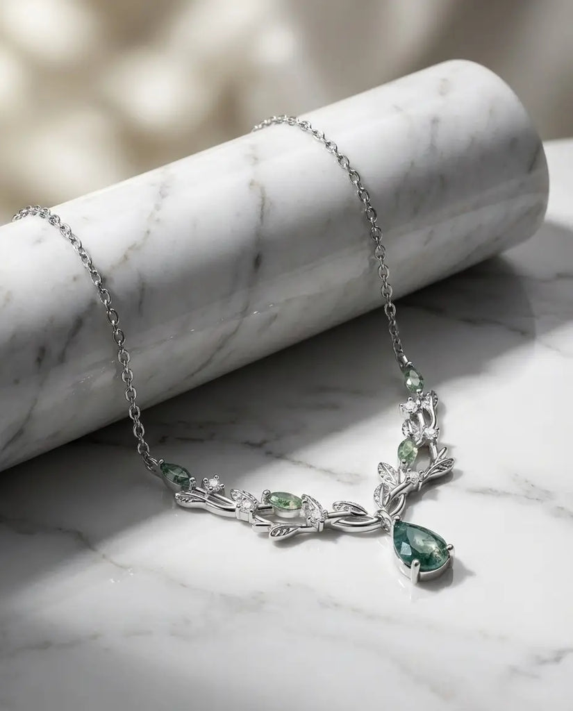 Nature-Inspired Pear Cut Moss Agate Necklace - Silver Vine & Leaf Pendant IfShe UK