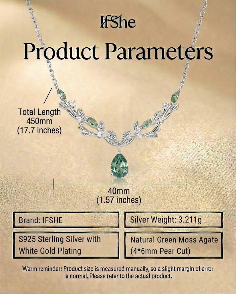 Nature-Inspired Pear Cut Moss Agate Necklace - Silver Vine & Leaf Pendant IfShe UK