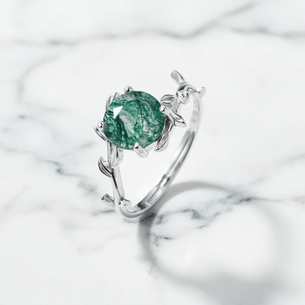 Olive Branch Moss Agate Wedding Ring Set