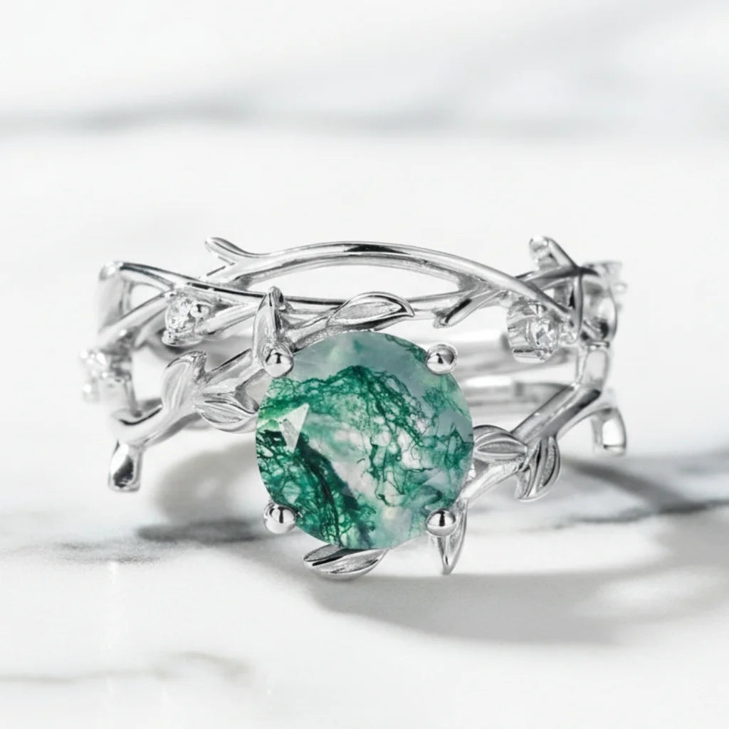 Olive Branch Moss Agate Wedding Ring Set