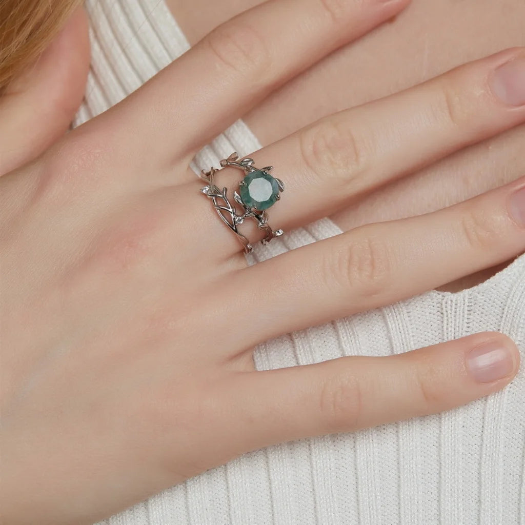 Olive Branch Moss Agate Wedding Ring Set
