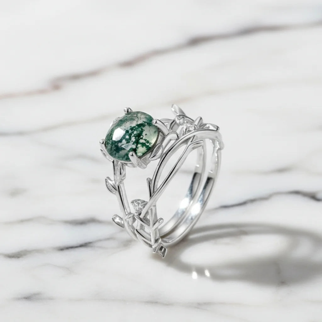 Olive Branch Moss Agate Wedding Ring Set