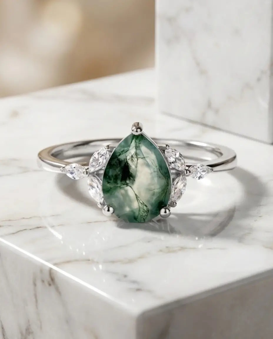 Pear-Shaped Moss Agate Engagement Ring - Sterling Silver Teardrop Ring with Marquise Accents IfShe UK