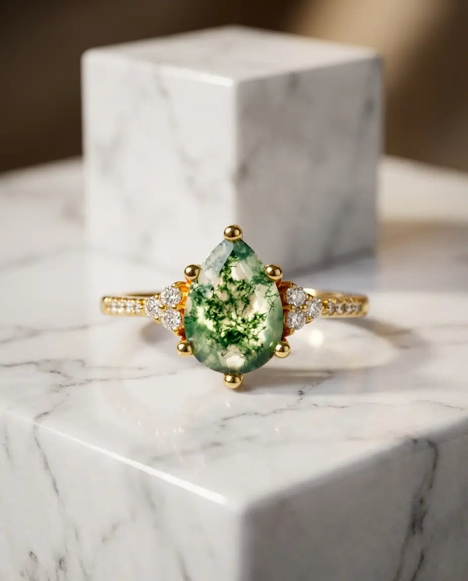 Pear-Shaped Moss Agate Ring - Pave Shoulder Teardrop Design in Silver or Gold IfShe UK