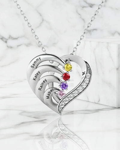 Personalised 4-Name Engraved Heart Necklace with Birthstones in Sterling Silver, Gold, or Rose Gold