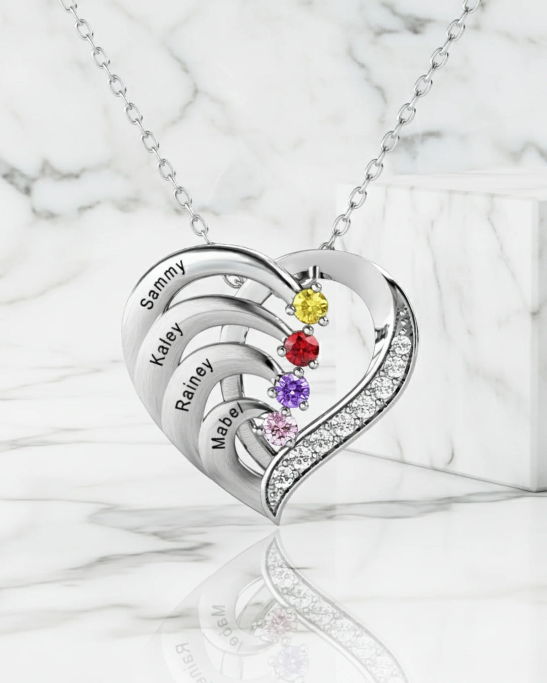 Personalised 4-Name Engraved Heart Necklace with Birthstones in Sterling Silver