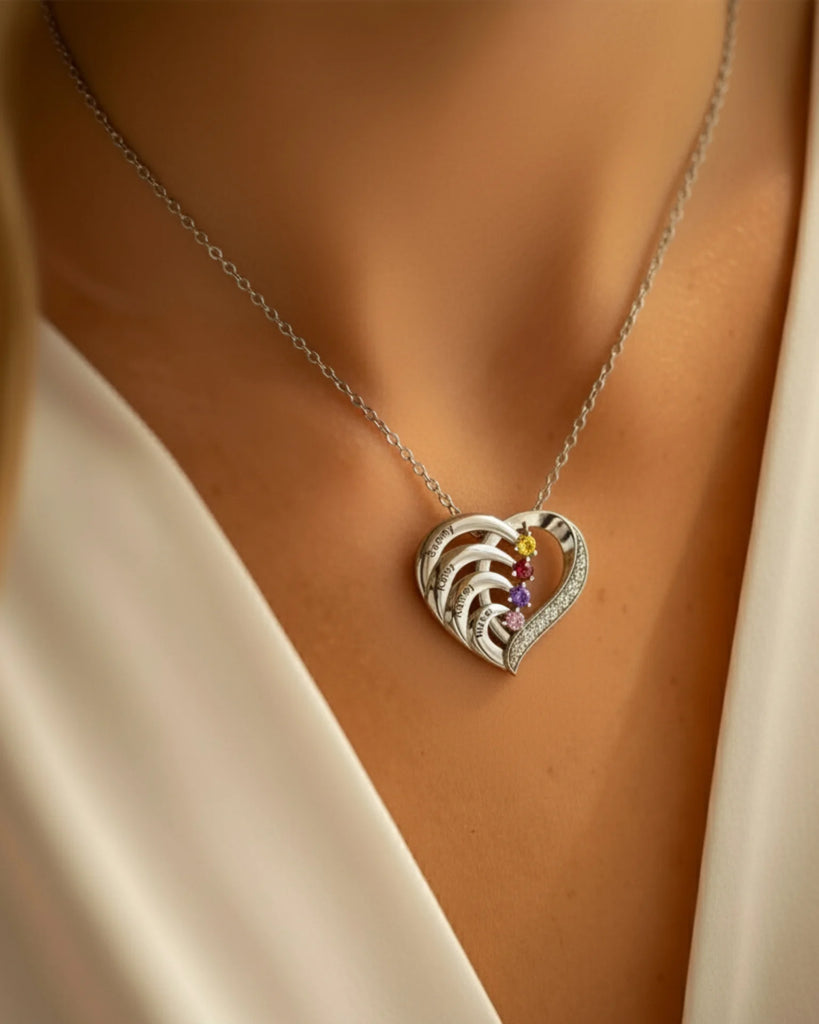 Personalised 4-Name Engraved Heart Necklace with Birthstones in Sterling Silver