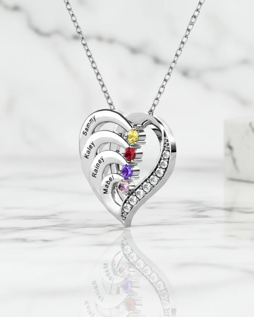 Personalised 4-Name Engraved Heart Necklace with Birthstones in Sterling Silver