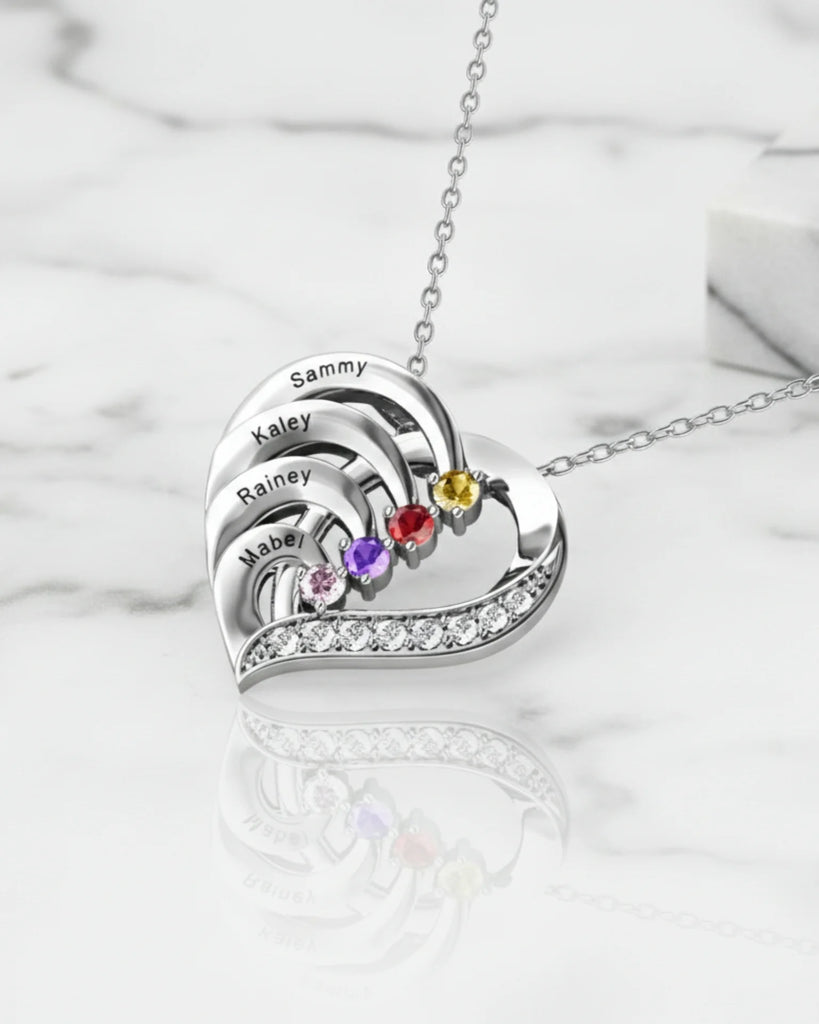 Personalised 4-Name Engraved Heart Necklace with Birthstones in Sterling Silver