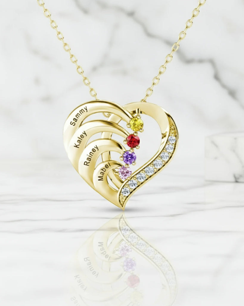 Personalised 4-Name Engraved Heart Necklace with Birthstones in Sterling Silver