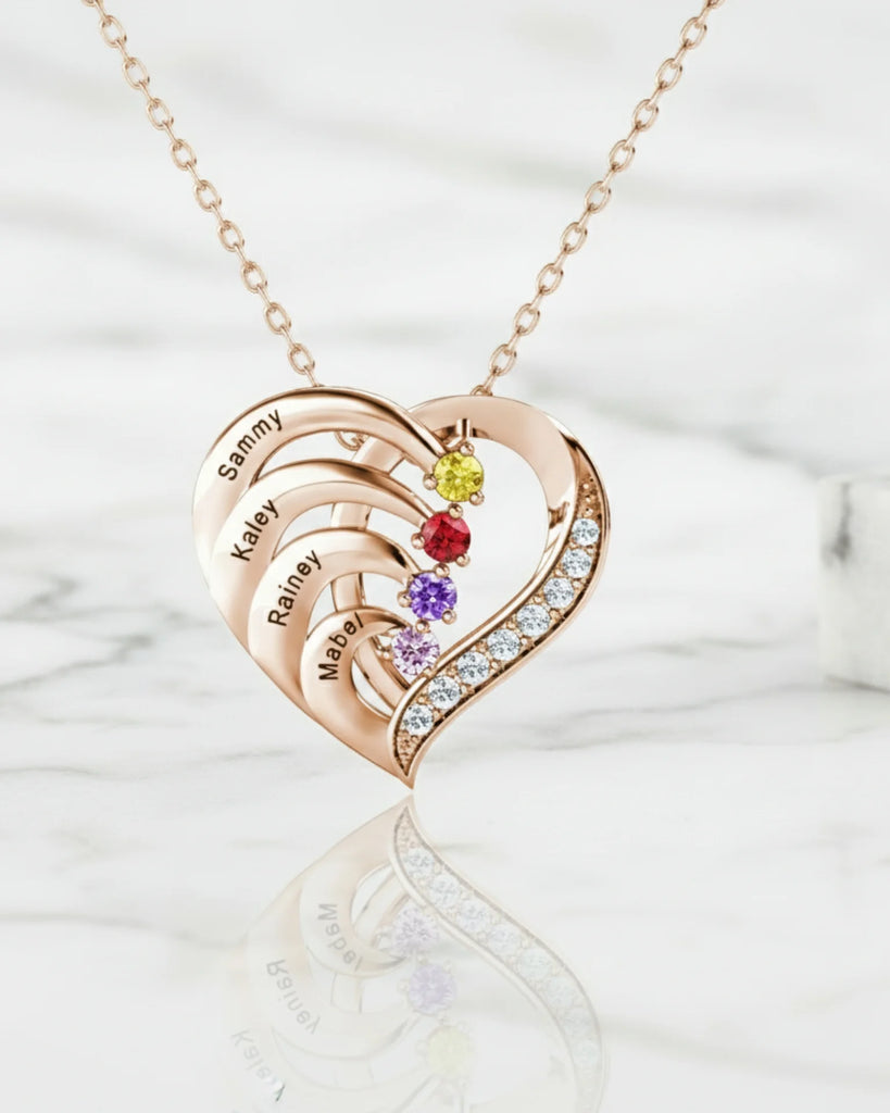 Personalised 4-Name Engraved Heart Necklace with Birthstones in Sterling Silver