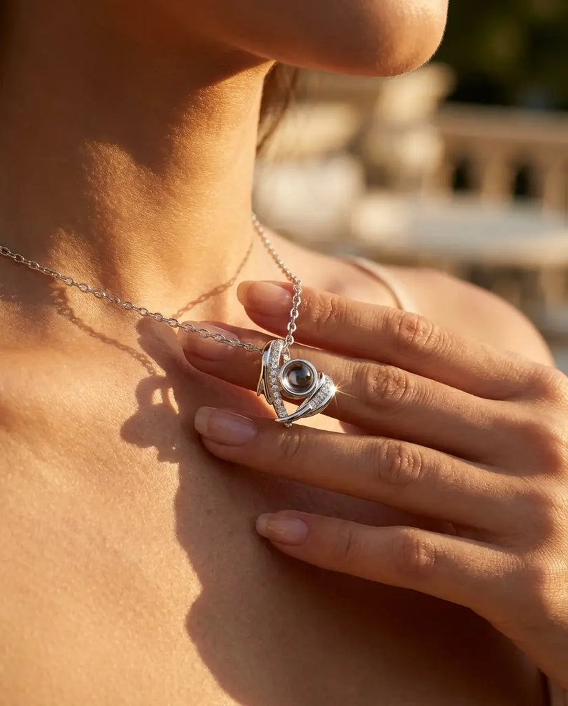 Personalised Angel Wing Heart Photo Projection Necklace - Picture Inside Pendant IfShe UK