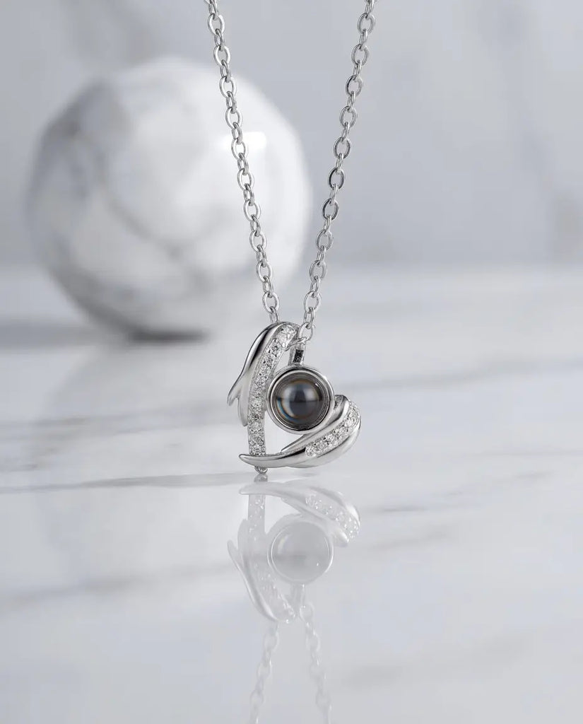 Personalised Angel Wing Heart Photo Projection Necklace - Picture Inside Pendant IfShe UK