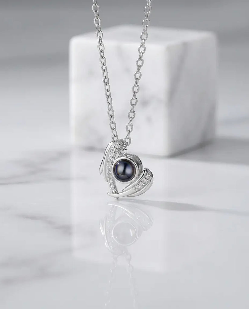Personalised Angel Wing Heart Photo Projection Necklace - Picture Inside Pendant IfShe UK