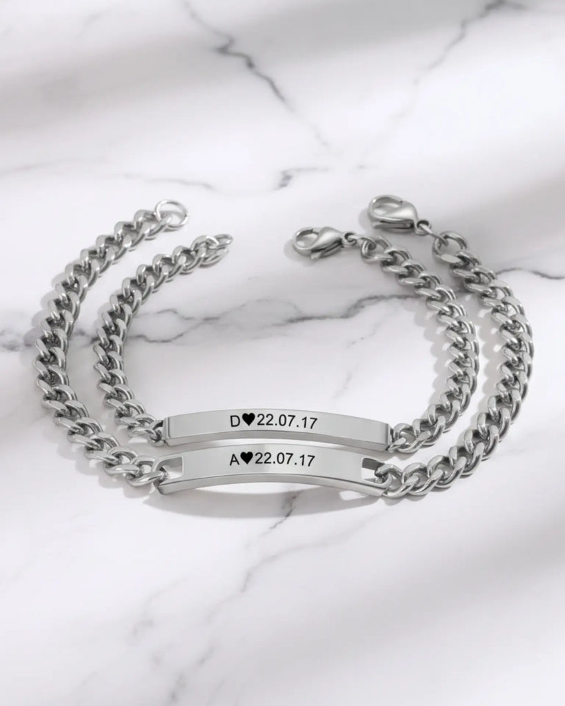 Personalised Bar Engraving Couple Bracelets (Initial & Date) IfShe UK