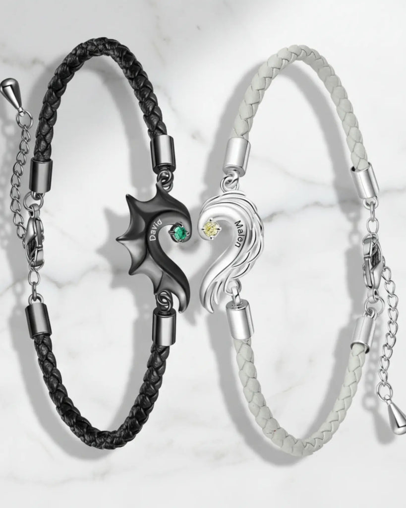 Personalised Dragon & Angel Wing Split Heart Couple Bracelets IfShe UK