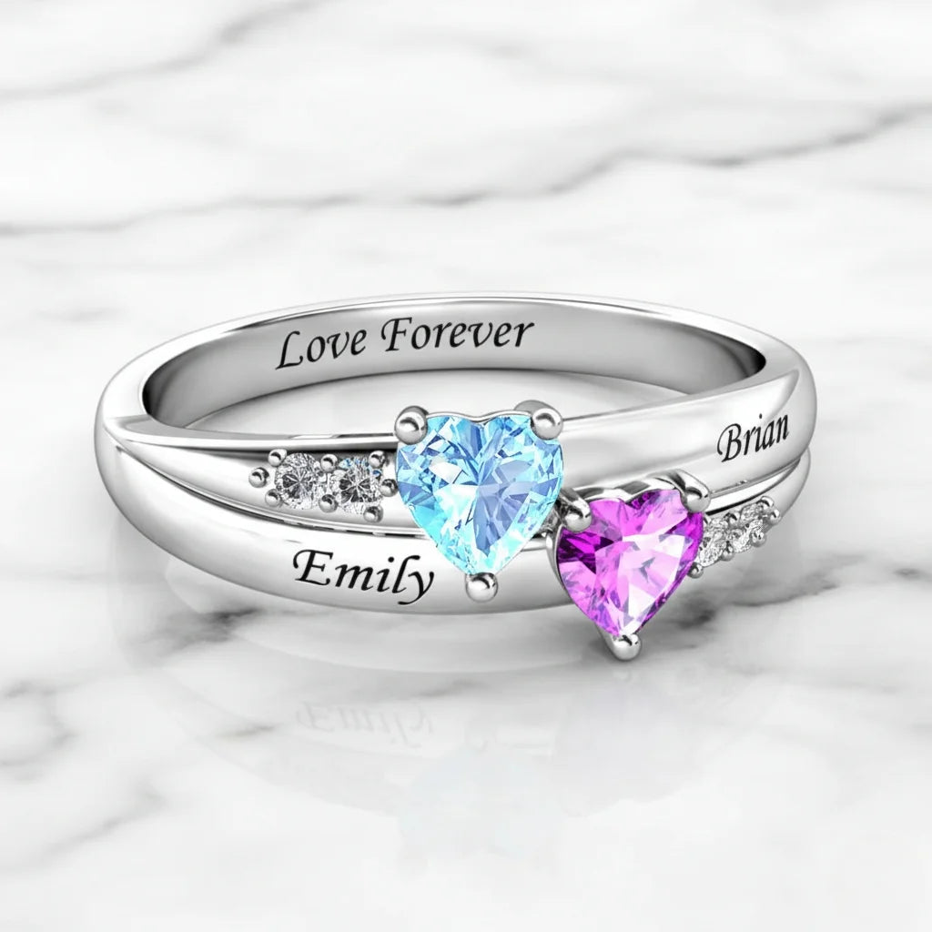 Personalised Dual Heart Birthstone Name Ring - 925 Sterling Silver Promise Jewellery