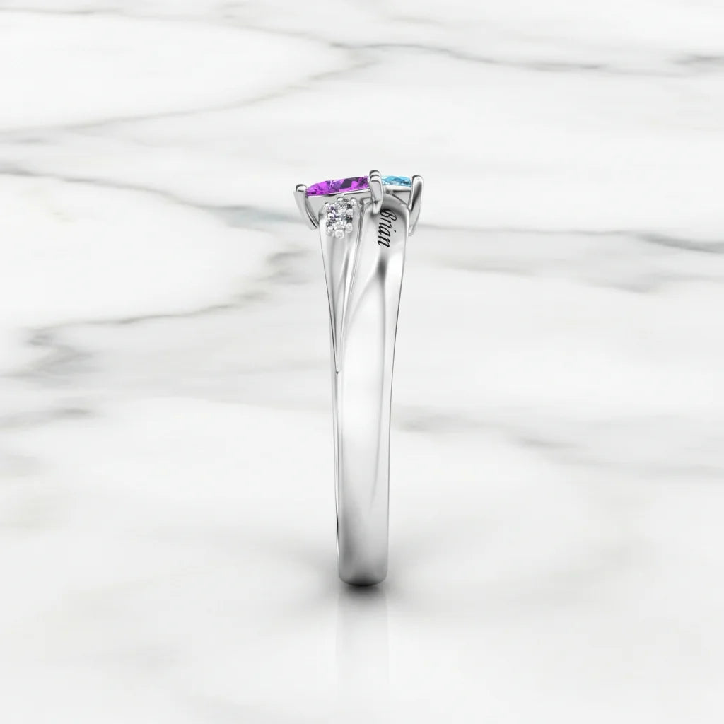 Personalised Dual Heart Birthstone Name Ring - 925 Sterling Silver Promise Jewellery 