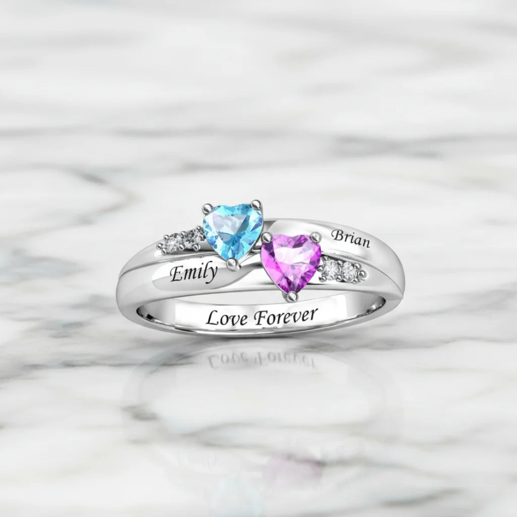 Personalised Dual Heart Birthstone Name Ring - 925 Sterling Silver Promise Jewellery 