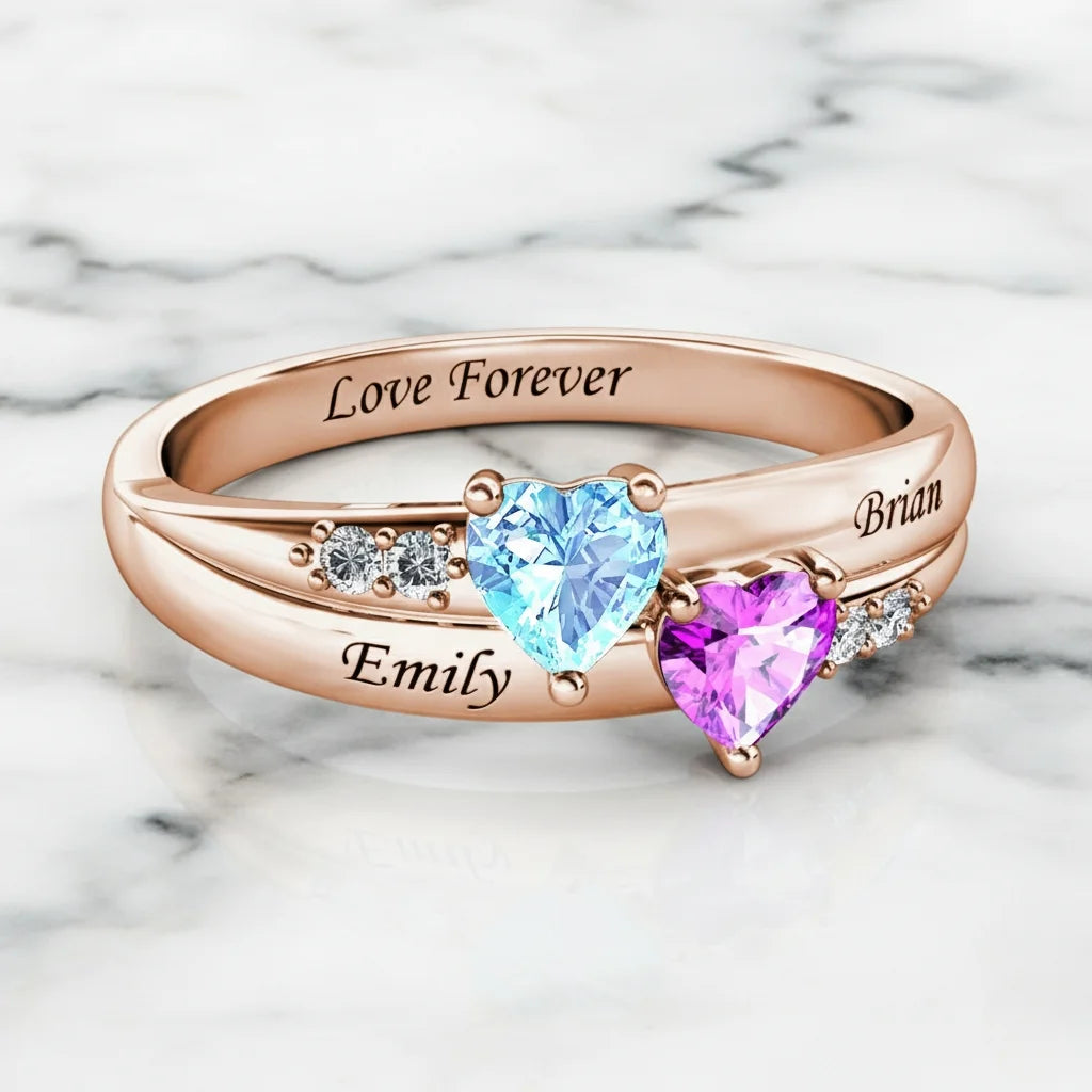 Personalised Dual Heart Birthstone Name Ring - 925 Sterling Silver Promise Jewellery