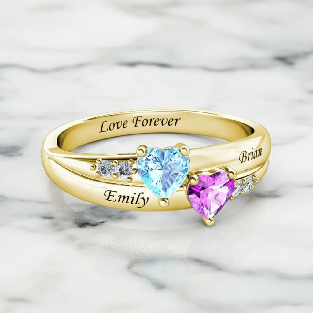 Personalised Dual Heart Birthstone Name Ring - 925 Sterling Silver Promise Jewellery 