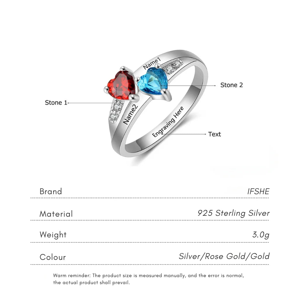 Personalised Dual Heart Birthstone Name Ring - 925 Sterling Silver Promise Jewellery 