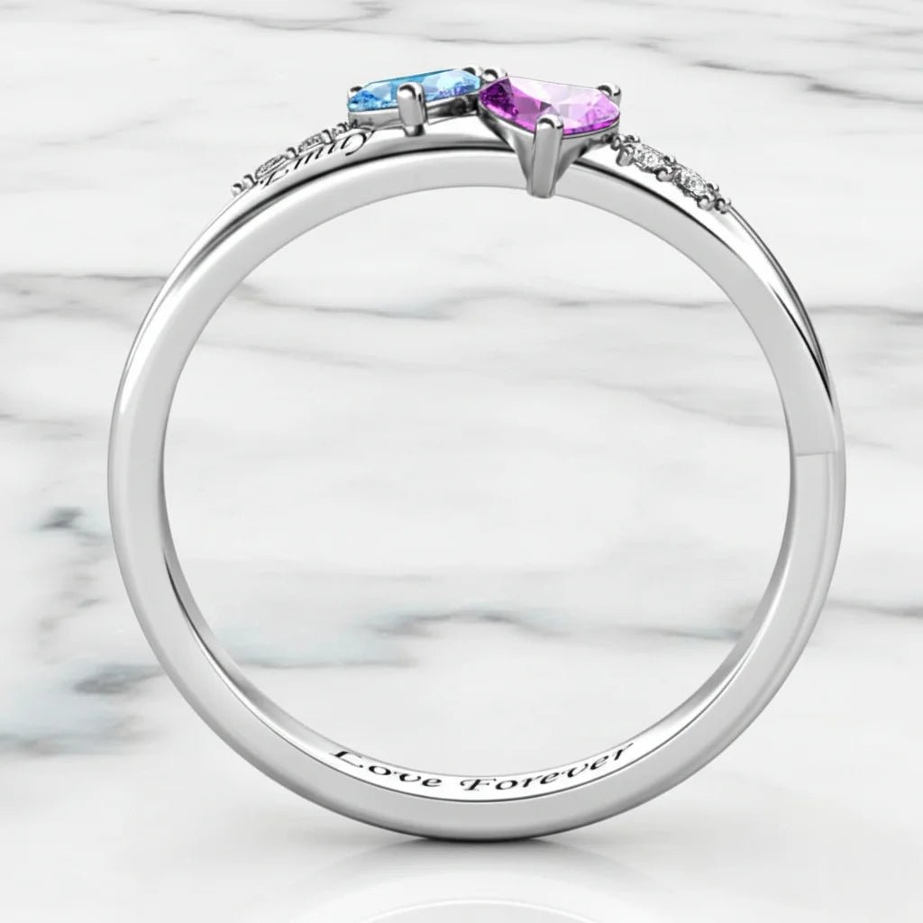 Personalised Dual Heart Birthstone Name Ring - 925 Sterling Silver Promise Jewellery 