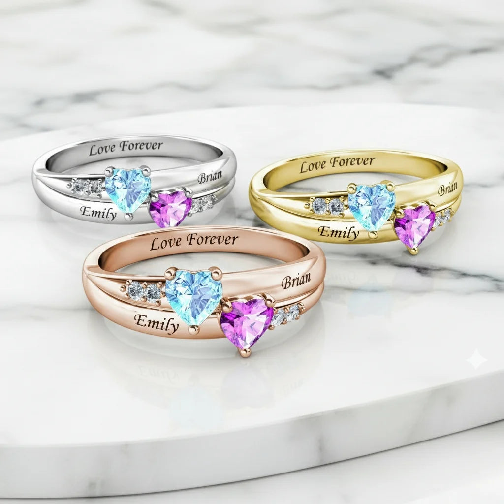 Personalised Dual Heart Birthstone Name Ring - 925 Sterling Silver Promise Jewellery 