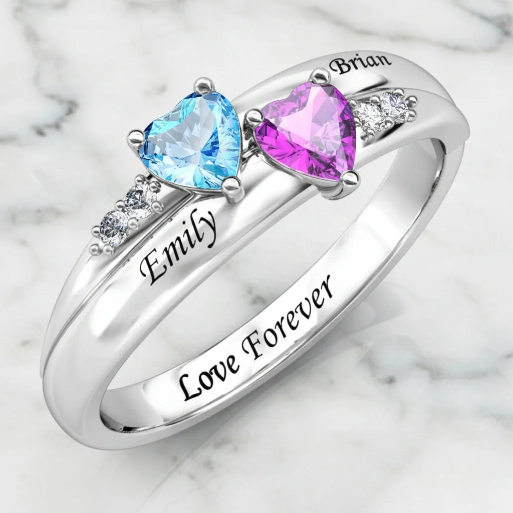 Personalised Dual Heart Birthstone Name Ring - 925 Sterling Silver Promise Jewellery 