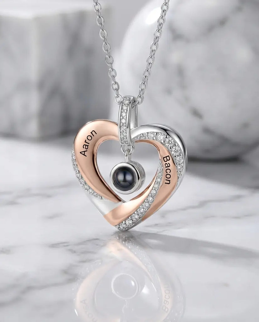 Personalised Engraved Heart Photo Projection Necklace - Two-Tone Name Pendant IfShe UK