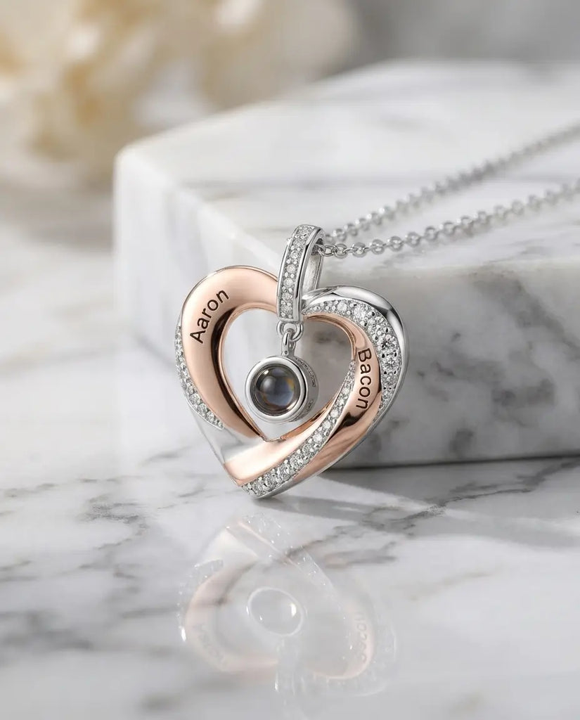 Personalised Engraved Heart Photo Projection Necklace - Two-Tone Name Pendant IfShe UK